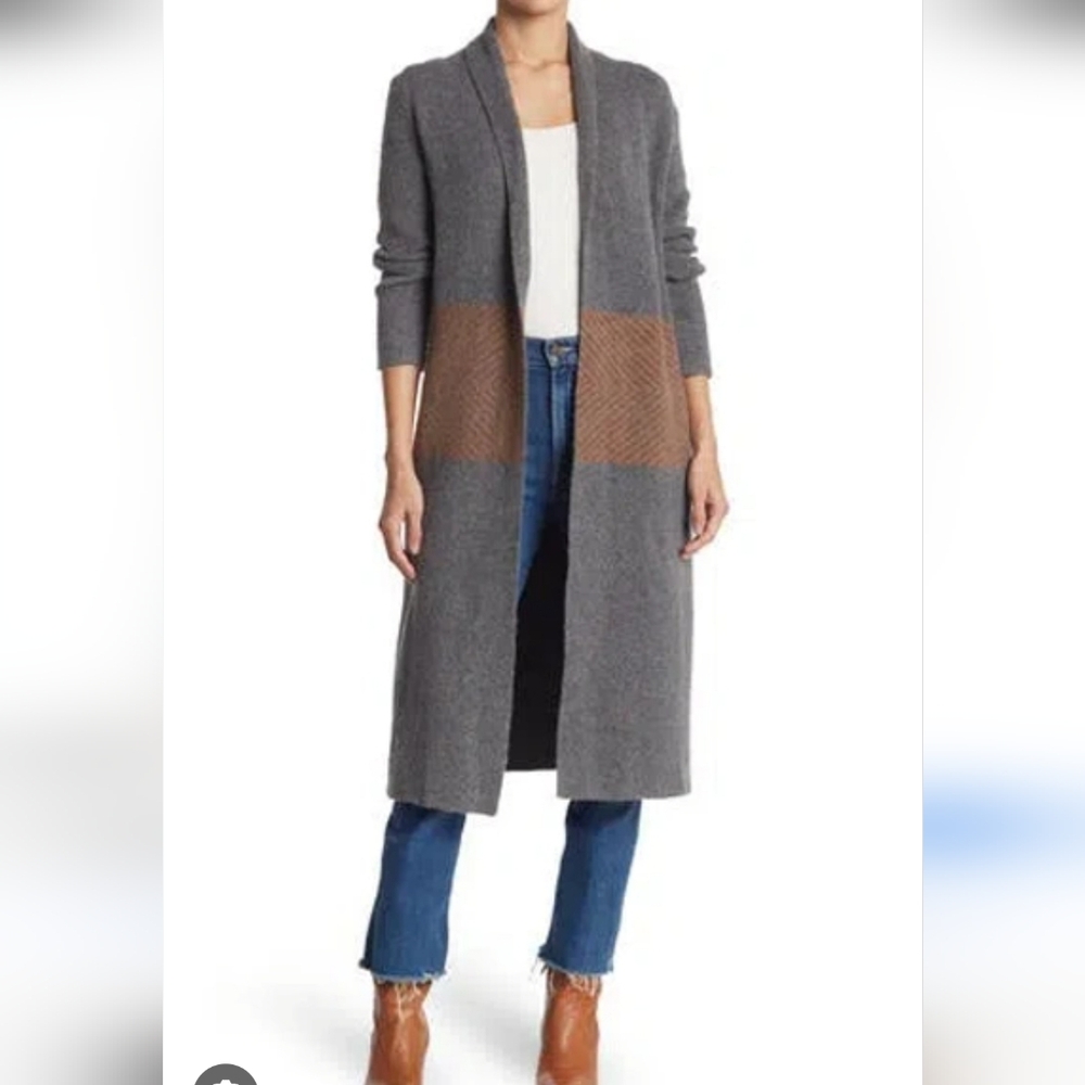 Wallpapher Chevron Waist Knit Open Front Cardigan In Charcoal/Camel M